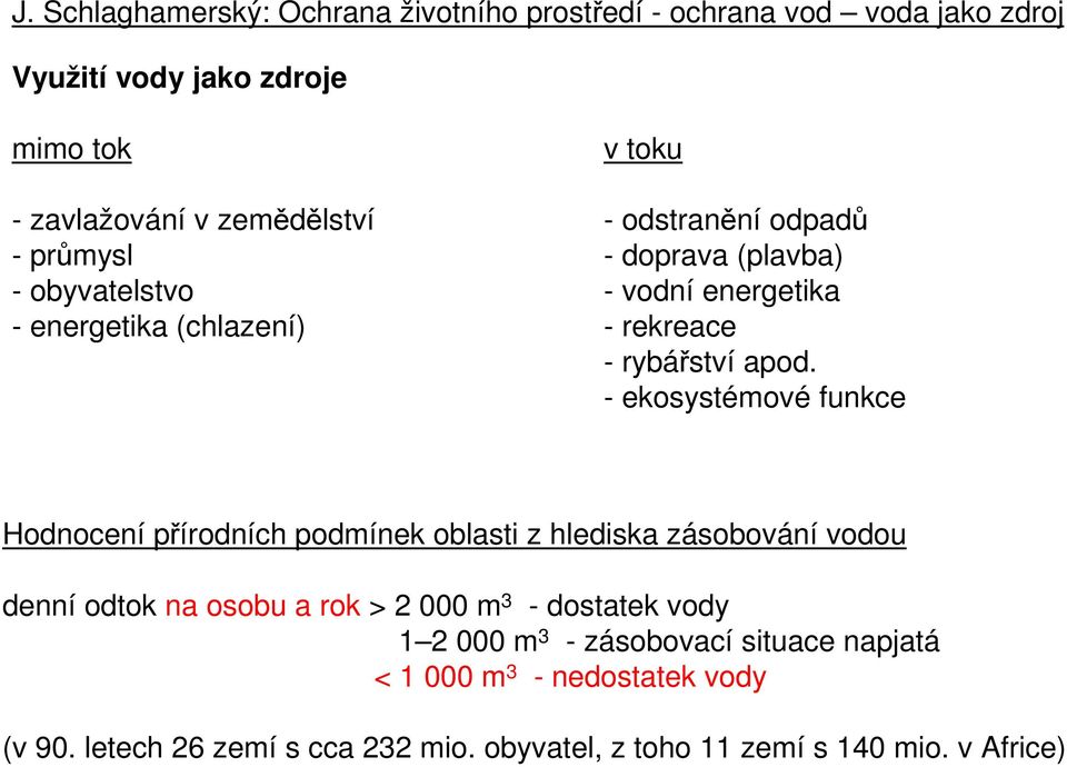 - ekosystémové funkce Hodnocení přírodních podmínek oblasti z hlediska zásobování vodou denní odtok na osobu a rok > 2 000 m