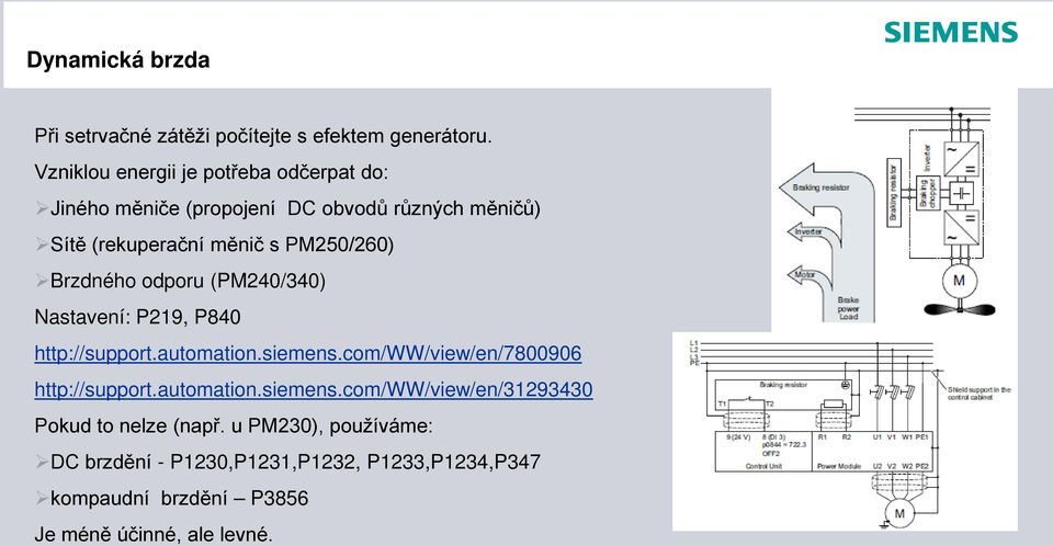 PM250/260) Brzdného odporu (PM240/340) Nastavení: P219, P840 http://support.automation.siemens.