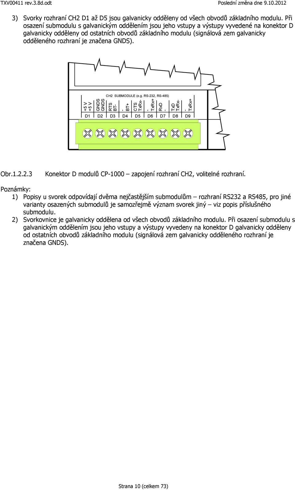 je značena S). CH2 SUBMODULE (e.g. RS232, RS485) +5 V +5 V S S BT+ TxRx+ RxD RTS BT CTS TxRx TxD TxRx TxRx+ D1 D2 D3 D4 D5 D6 D7 D8 D9 Obr.1.2.2.3 Konektor D modulů CP1000 zapojení rozhraní CH2, volitelné rozhraní.