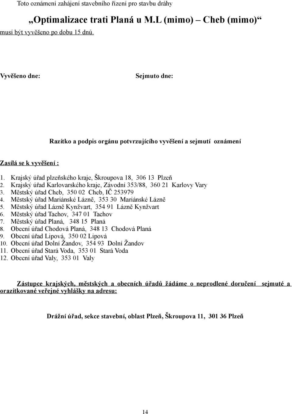 Krajský úřad Karlovarského kraje, Závodní 353/88, 360 21 Karlovy Vary 3. Městský úřad Cheb, 350 02 Cheb, IČ 253979 4. Městský úřad Mariánské Lázně, 353 30 Mariánské Lázně 5.