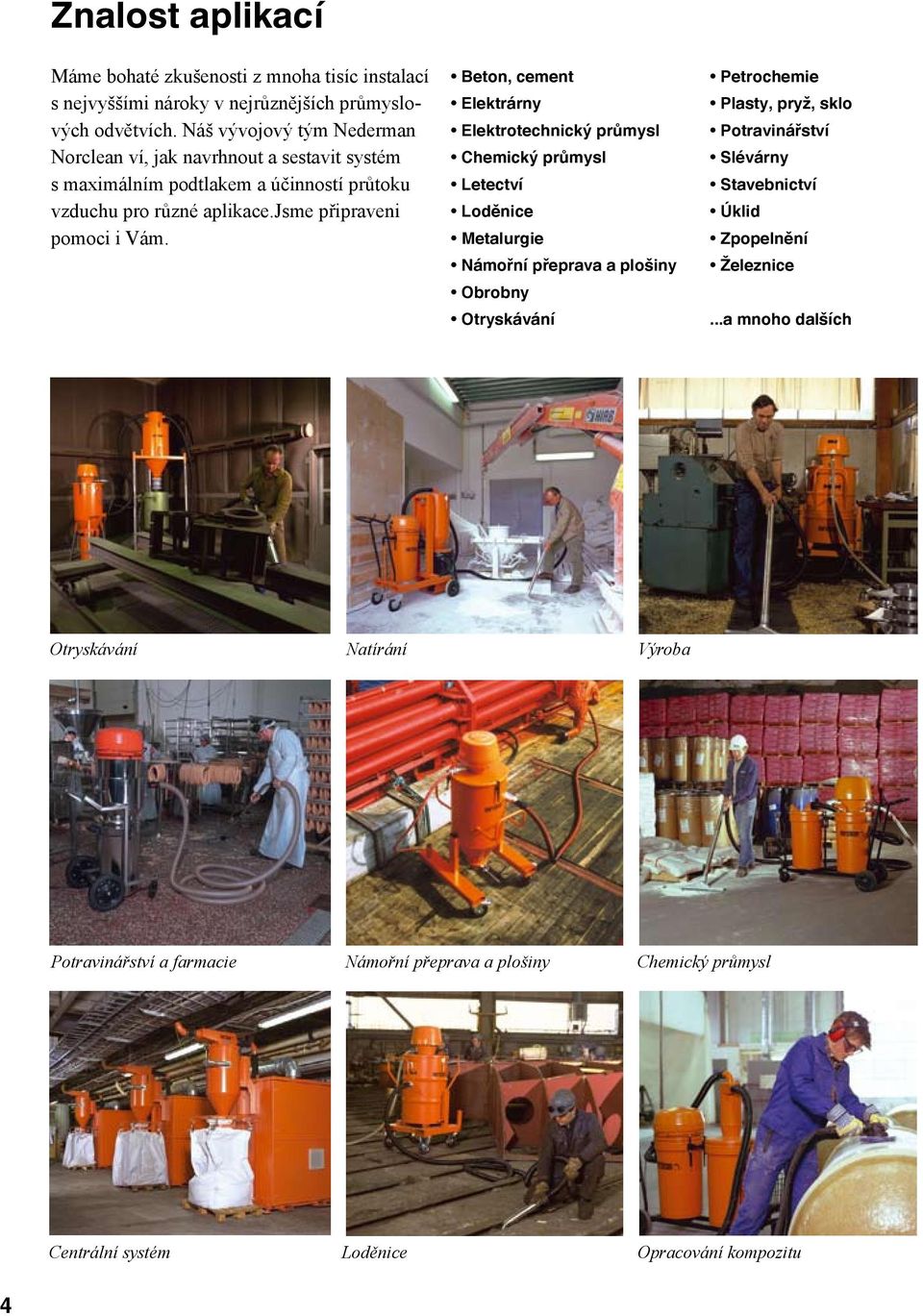 Beton, cement Elektrárny Elektrotechnický průmysl Chemický průmysl Letectví Loděnice Metalurgie Námořní přeprava a plošiny Obrobny Otryskávání Petrochemie Plasty, pryž, sklo