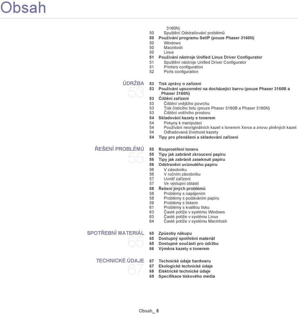 3160N) 53 Čištění zařízení 53 Čištění vnějšího povrchu 53 Tisk čisticího listu (pouze Phaser 3160B a Phaser 3160N) 53 Čištění vnitřního prostoru 54 Skladování kazety s tonerem 54 Pokyny k manipulaci