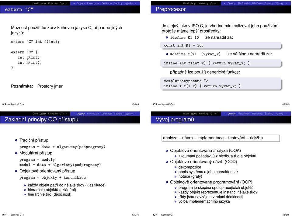 použít generické funkce: Poznámka: Prostory jmen template<typename T> inline T f(t x) { return výraz_x; ICP Seminář C++ 45/245 ICP Seminář C++ 46/245 Základní principy OO přístupu Vývoj programů