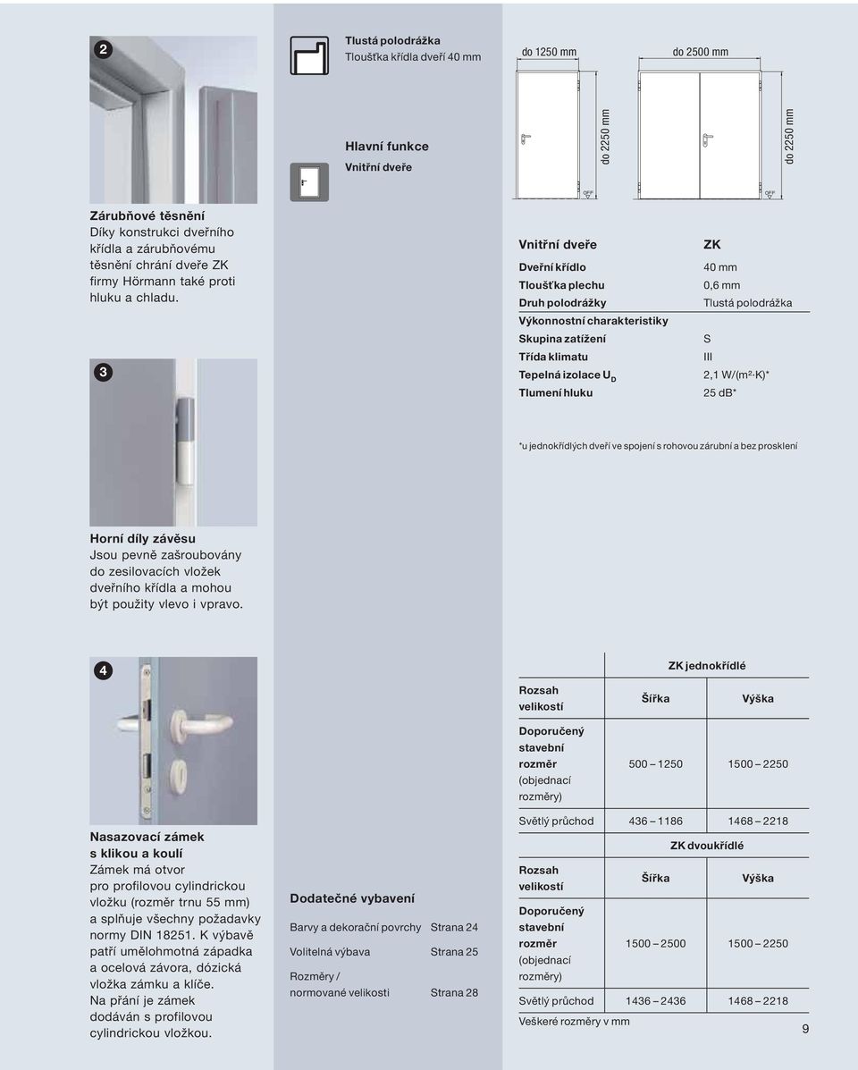 3 Vnitřní dveře Dveřní křídlo Tloušťka plechu Druh polodrážky Výkonnostní charakteristiky Skupina zatížení Třída klimatu Tepelná izolace U D Tlumení hluku ZK 0 mm 0,6 mm Tlustá polodrážka S III 2,1