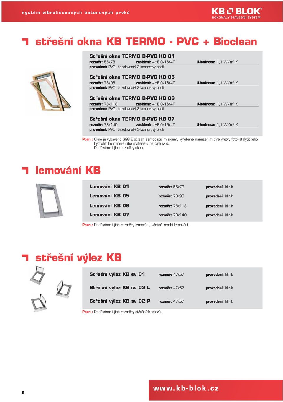 PVC, bezolovnatý 3-komorový profil Střešní okno TERMO B-PVC KB 07 78x140 zasklení: 4HBIOx16x4T U-hodnota: 1,1 W/m 2 K PVC, bezolovnatý 3-komorový profil Pozn.