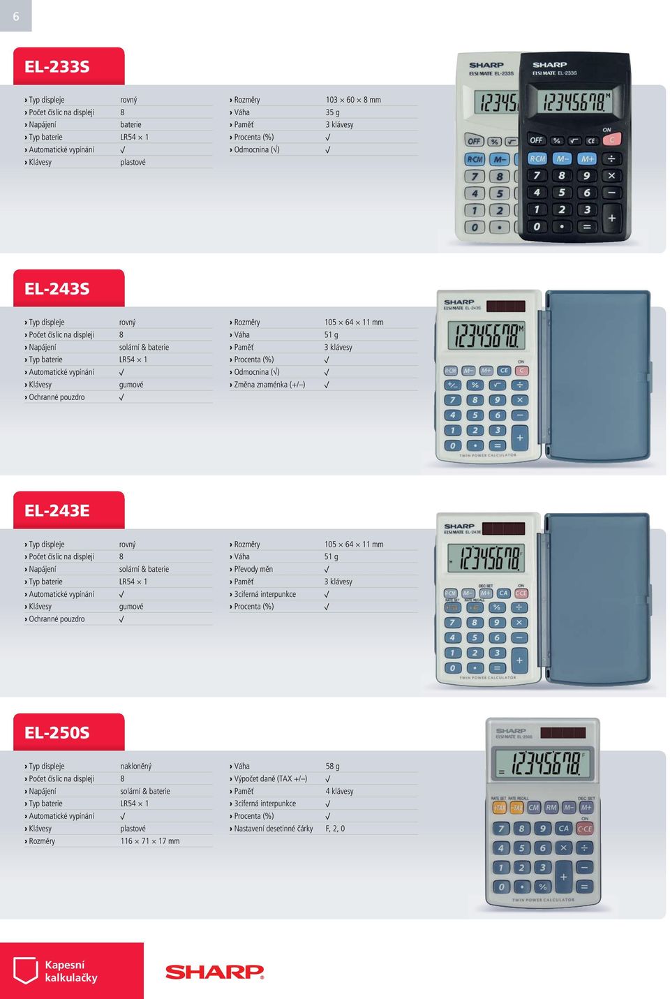 EL-243E Typ displeje rovný Počet číslic na displeji 8 Typ baterie LR54 1 Klávesy gumové Ochranné pouzdro Rozměry 105 64 11 mm Váha 51 g Převody měn Paměť 3