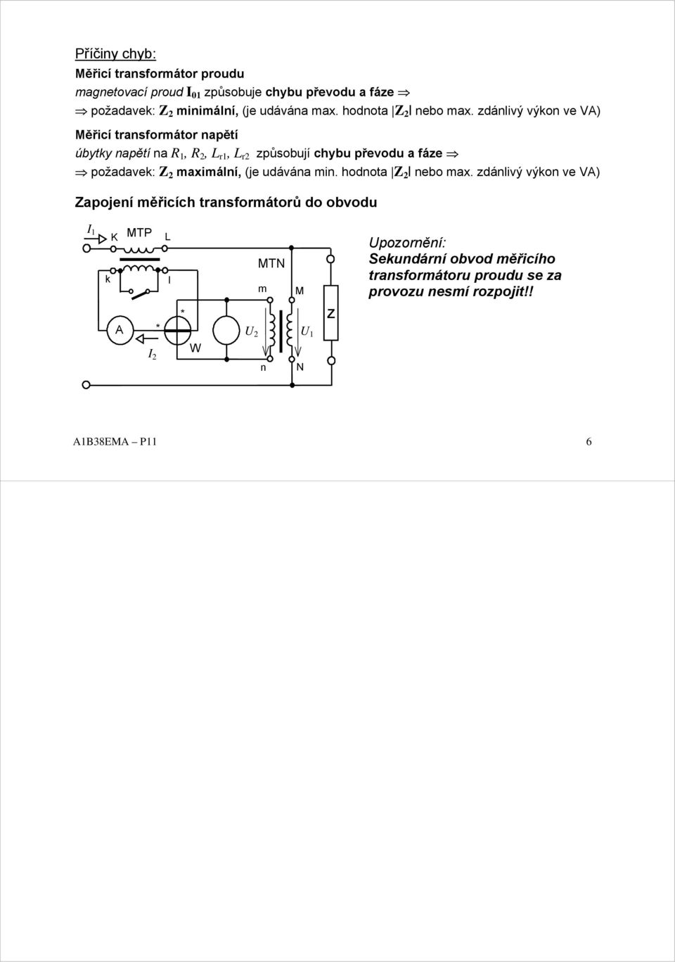 zdánlivý výkon ve VA) Měřicí transformátor napětí úbytky napětí na R, R, L r, L r způsobují chybu převodu a fáze požadavek: Z
