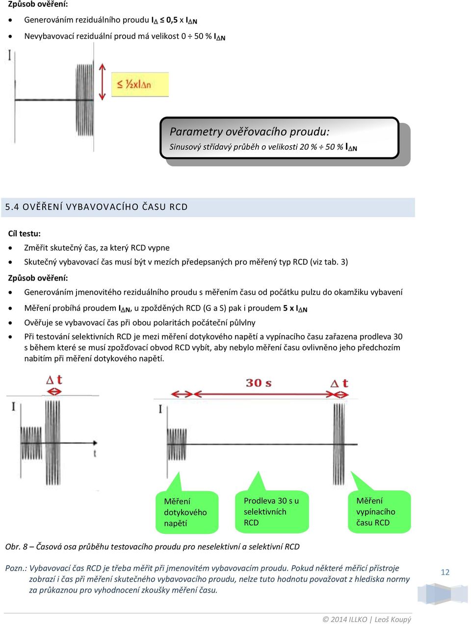 3) Způsob ověření: Generováním jmenovitého reziduálního proudu s měřením času od počátku pulzu do okamžiku vybavení Měření probíhá proudem I N, u zpožděných RCD (G a S) pak i proudem 5 x I N Ověřuje