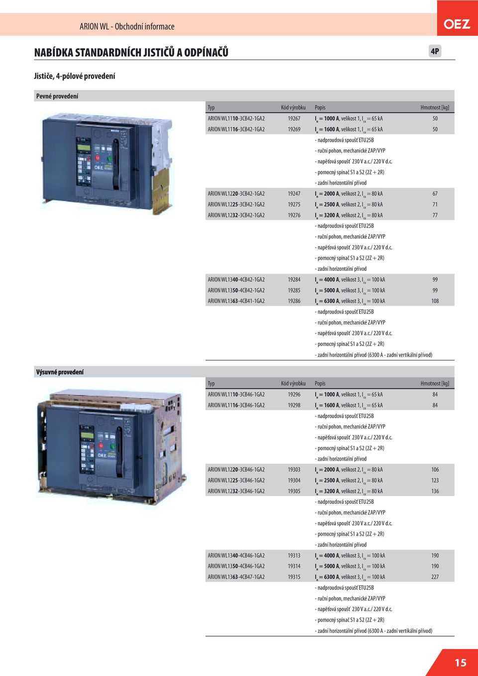 c. - pomocný spínač S1 a S2 (2Z + 2R) - zadní horizontální přívod ARION WL1220-3CB42-1GA2 19247 I n = 2000 A, velikost 2, I cu = 80 ka 67 ARION WL1225-3CB42-1GA2 19275 I n = 2500 A, velikost 2, I cu