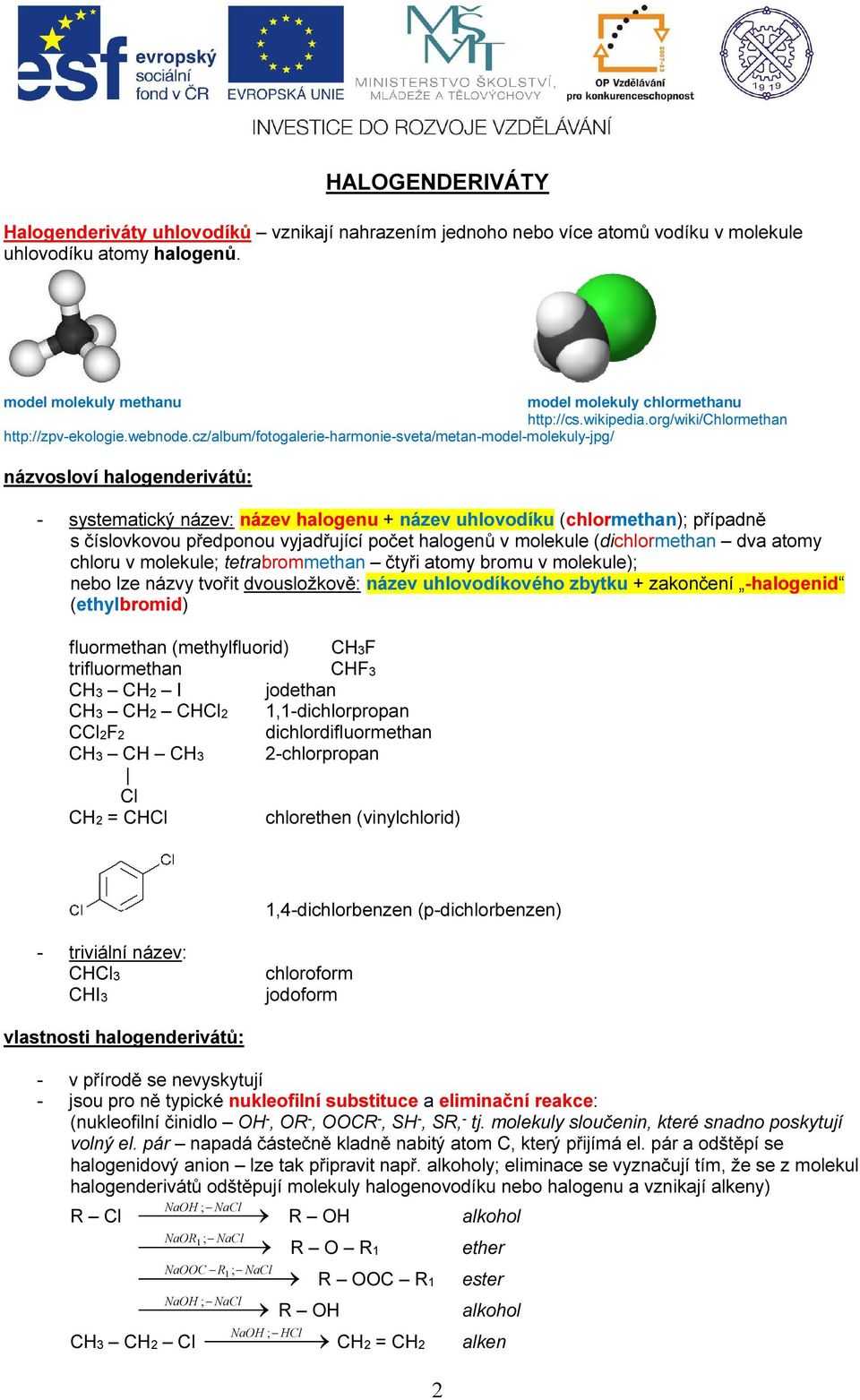 cz/album/fotogalerie-harmonie-sveta/metan-model-molekuly-jpg/ názvosloví halogenderivátů: - systematický název: název halogenu + název uhlovodíku (chlormethan); případně s číslovkovou předponou