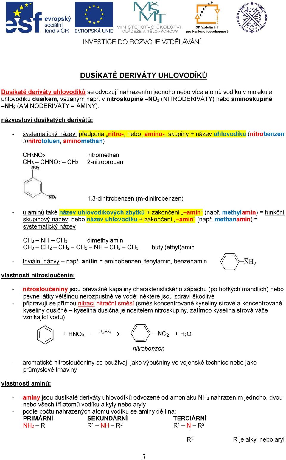 názvosloví dusíkatých derivátů: - systematický název: předpona nitro- nebo amino- skupiny + název uhlovodíku (nitrobenzen, trinitrotoluen, aminomethan) CH3NO2 CH3 CHNO2 CH3 nitromethan 2-nitropropan