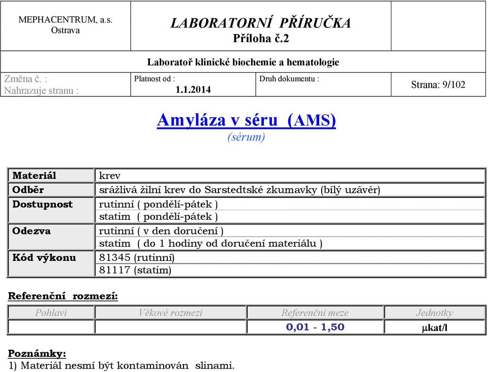 ( do 1 hodiny od doručení materiálu ) Kód výkonu 81345 (rutinní)