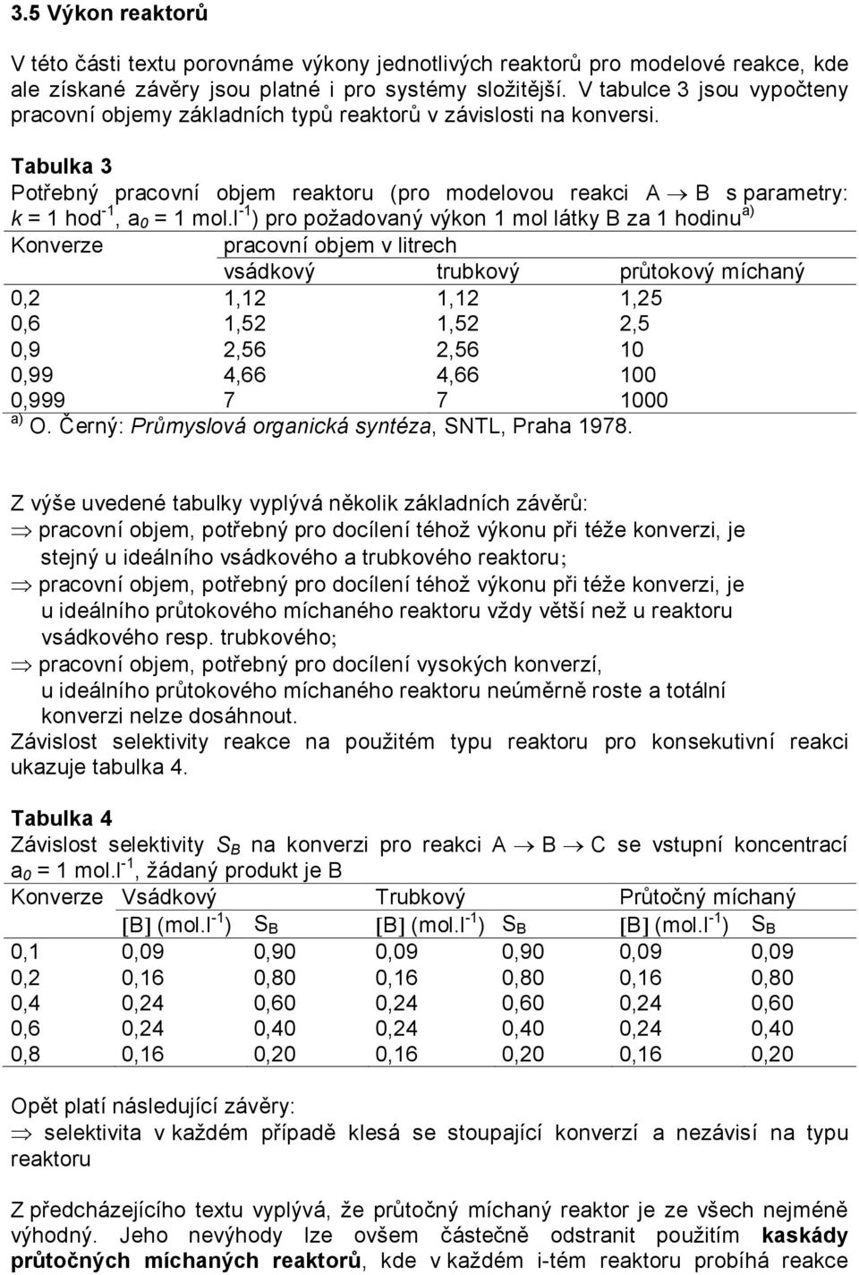 Tabulka 3 Potřebný pracovní objem reaktoru (pro modelovou reakci A B s parametry: k = 1 hod -1, a 0 = 1 mol.