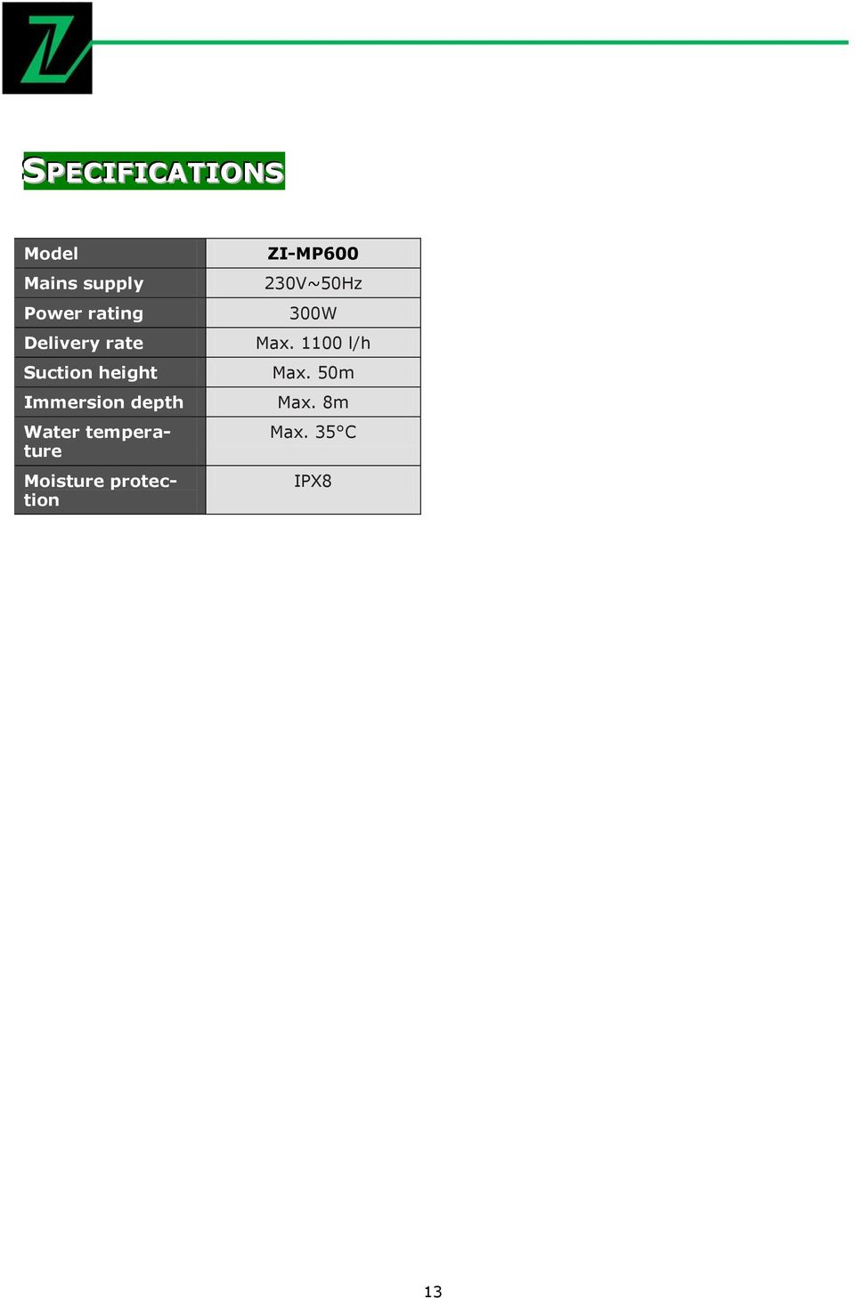 temperature Moisture protection ZI-MP600 230V~50Hz