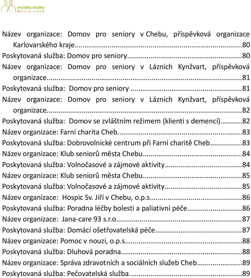..81 Název organizace: Domov pro seniory v Lázních Kynžvart, příspěvková organizace...82 Poskytovaná služba: Domov se zvláštním režimem (klienti s demencí)...82 Název organizace: Farní charita Cheb.