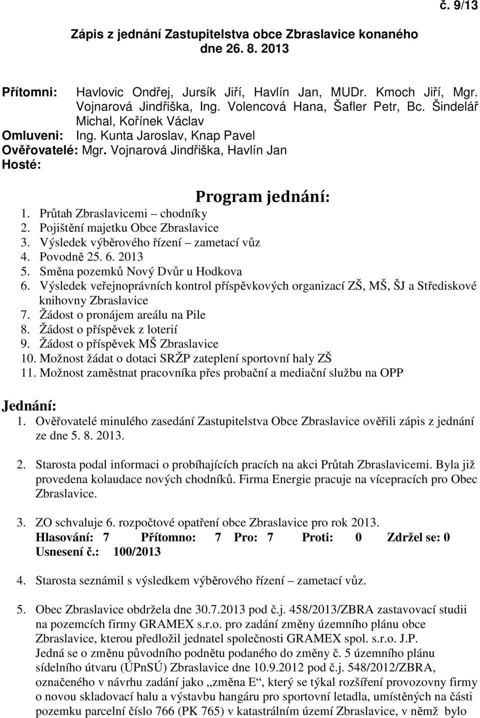 Průtah Zbraslavicemi chodníky 2. Pojištění majetku Obce Zbraslavice 3. Výsledek výběrového řízení zametací vůz 4. Povodně 25. 6. 2013 5. Směna pozemků Nový Dvůr u Hodkova 6.