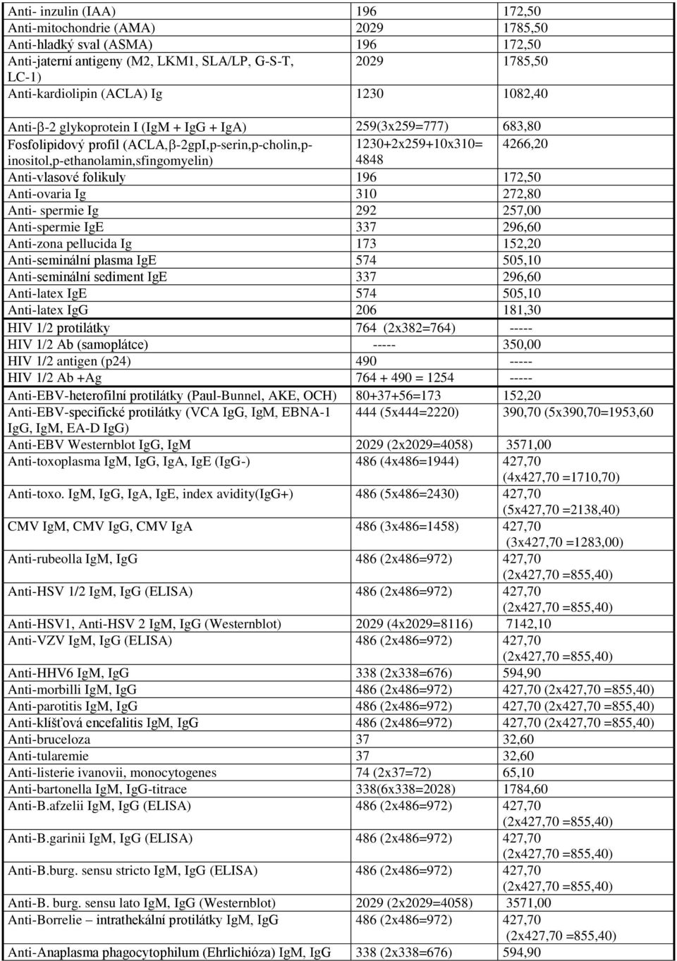Anti-vlasové folikuly 196 172,50 Anti-ovaria Ig 310 272,80 Anti- spermie Ig 292 257,00 Anti-spermie IgE 337 296,60 Anti-zona pellucida Ig 173 152,20 Anti-seminální plasma IgE 574 505,10