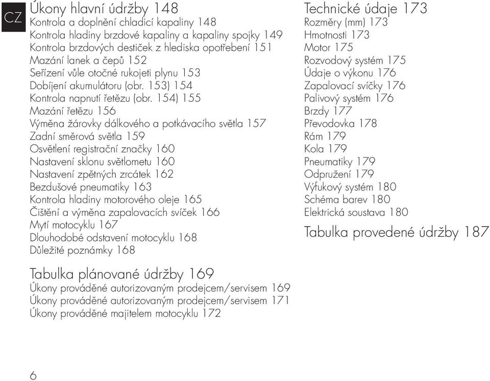 154) 155 Mazání řetězu 156 Výměna žárovky dálkového a potkávacího světla 157 Zadní směrová světla 159 Osvětlení registrační značky 160 Nastavení sklonu světlometu 160 Nastavení zpětných zrcátek 162