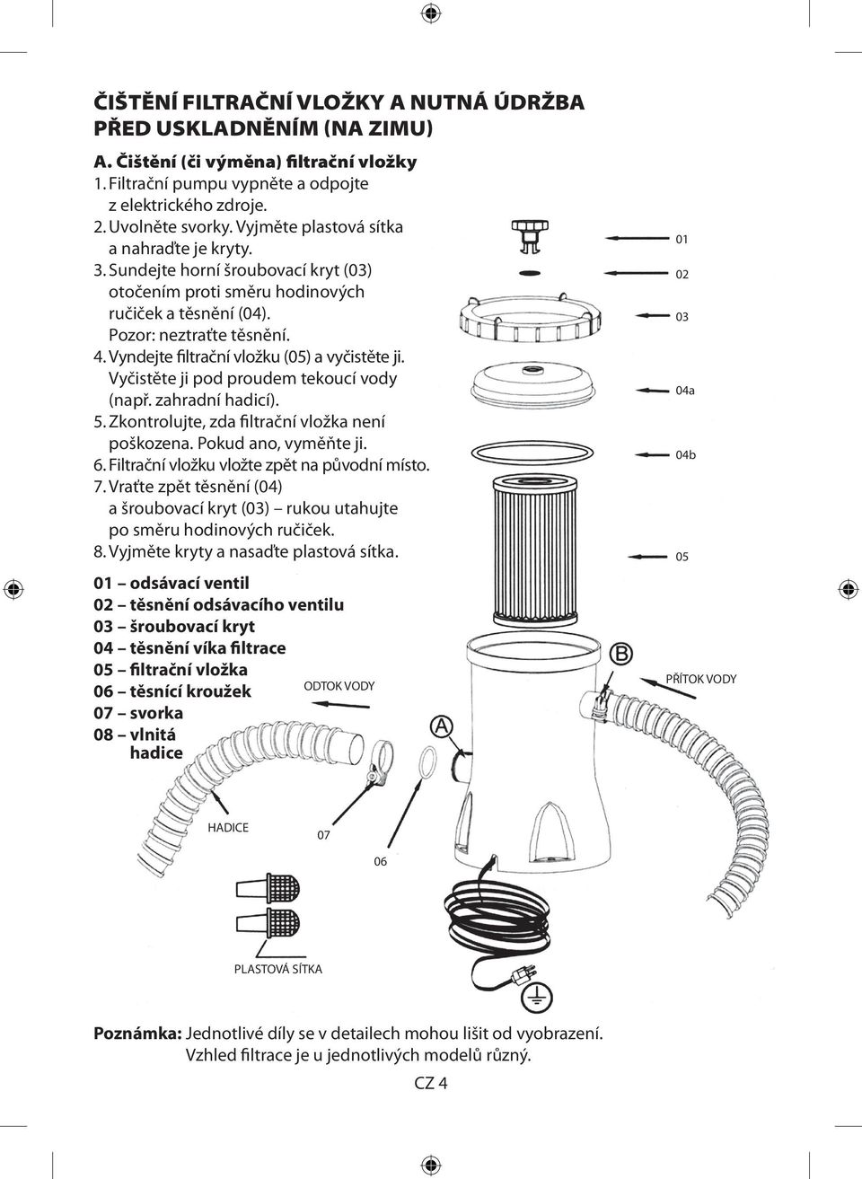 Vyndejte filtrační vložku (05) a vyčistěte ji. Vyčistěte ji pod proudem tekoucí vody (např. zahradní hadicí). 5. Zkontrolujte, zda filtrační vložka není poškozena. Pokud ano, vyměňte ji. 6.
