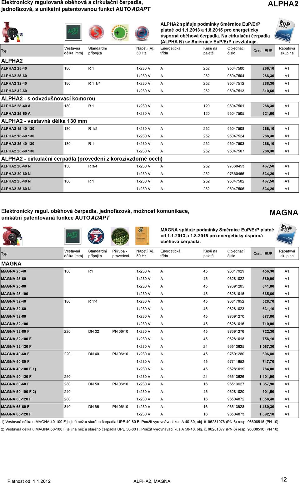 95047513 310,60 A1 ALPHA2 - s odvzdušňovací komorou ALPHA2 25-40 A 180 R 1 1x230 V A 120 95047501 288,30 A1 ALPHA2 25-60 A 1x230 V A 120 95047505 321,60 A1 ALPHA2 - vestavná délka 130 mm ALPHA2 15-40