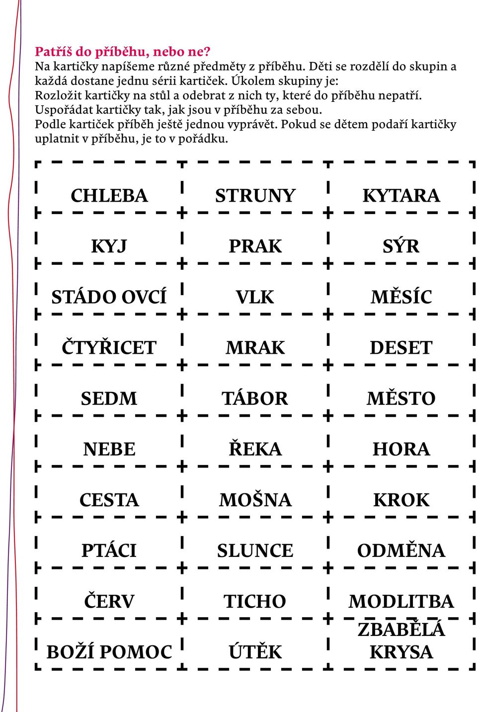 Podle kartiček příběh ještě jednou vyprávět. Pokud se dětem podaří kartičky uplatnit v příběhu, je to v pořádku.