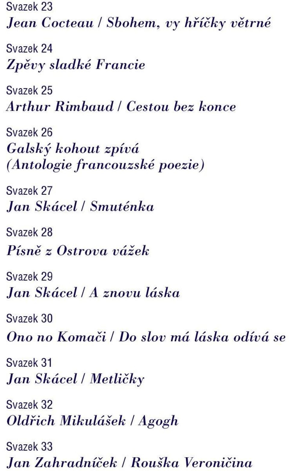 Svazek 28 Písně z Ostrova vážek Svazek 29 Jan Skácel / A znovu láska Svazek 30 Ono no Komači / Do slov má láska