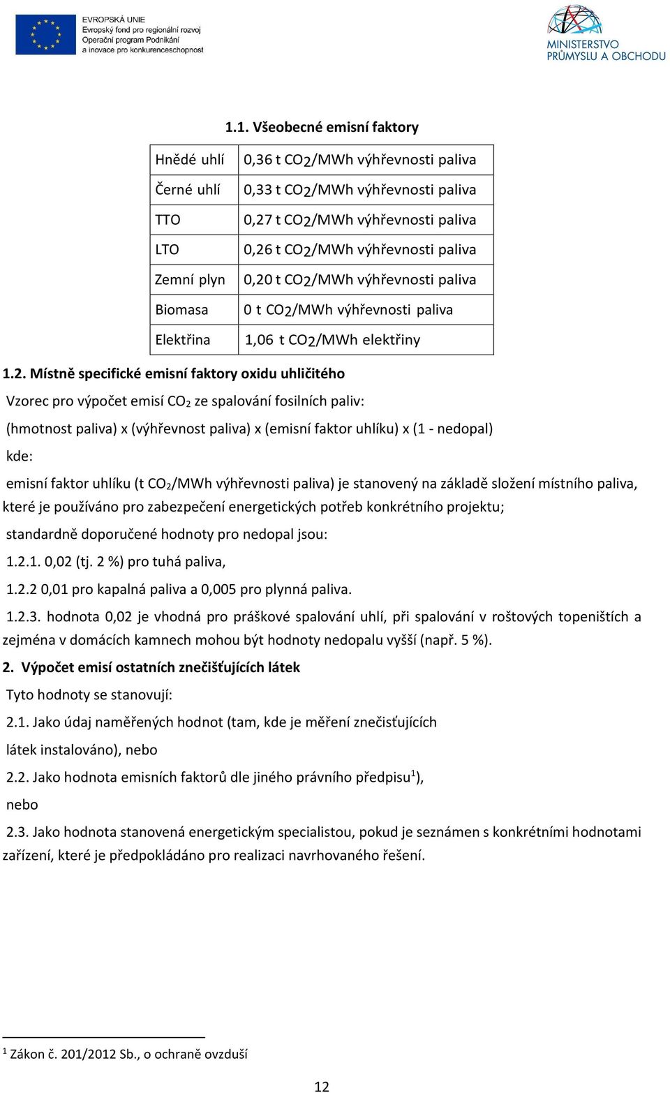 2 ze spalování fosilních paliv: (hmotnost paliva) x (výhřevnost paliva) x (emisní faktor uhlíku) x (1 - nedopal) kde: emisní faktor uhlíku (t CO 2/MWh výhřevnosti paliva) je stanovený na základě