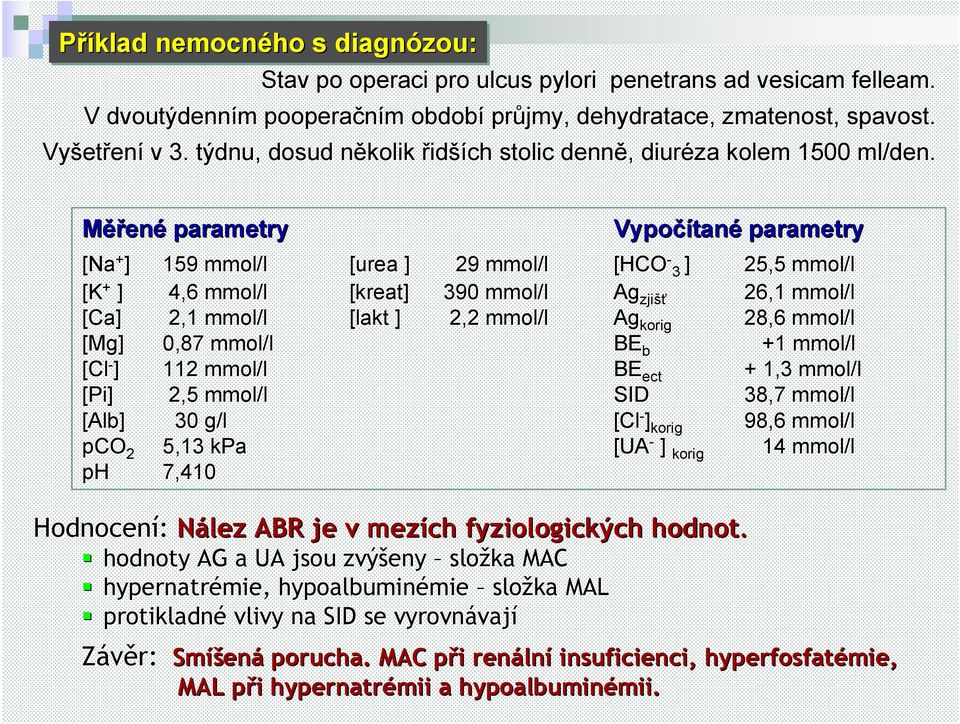 Měřené parametry Vypočítan tané parametry [Na ] 159 mmol/l [urea ] 29 mmol/l [HCO 3 ] 25,5 mmol/l [K + ] 4,6 mmol/l [kreat] 390 mmol/l Ag zjišť 26,1 mmol/l [Ca] 2,1 mmol/l [lakt ] 2,2 mmol/l Ag korig