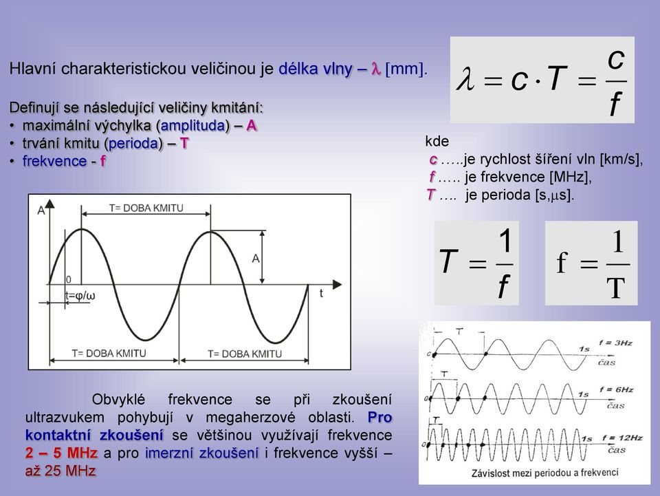 T c kde c..je rychlost šíření vln [km/s], f.. je frekvence [MHz], T. je perioda [s,ms].