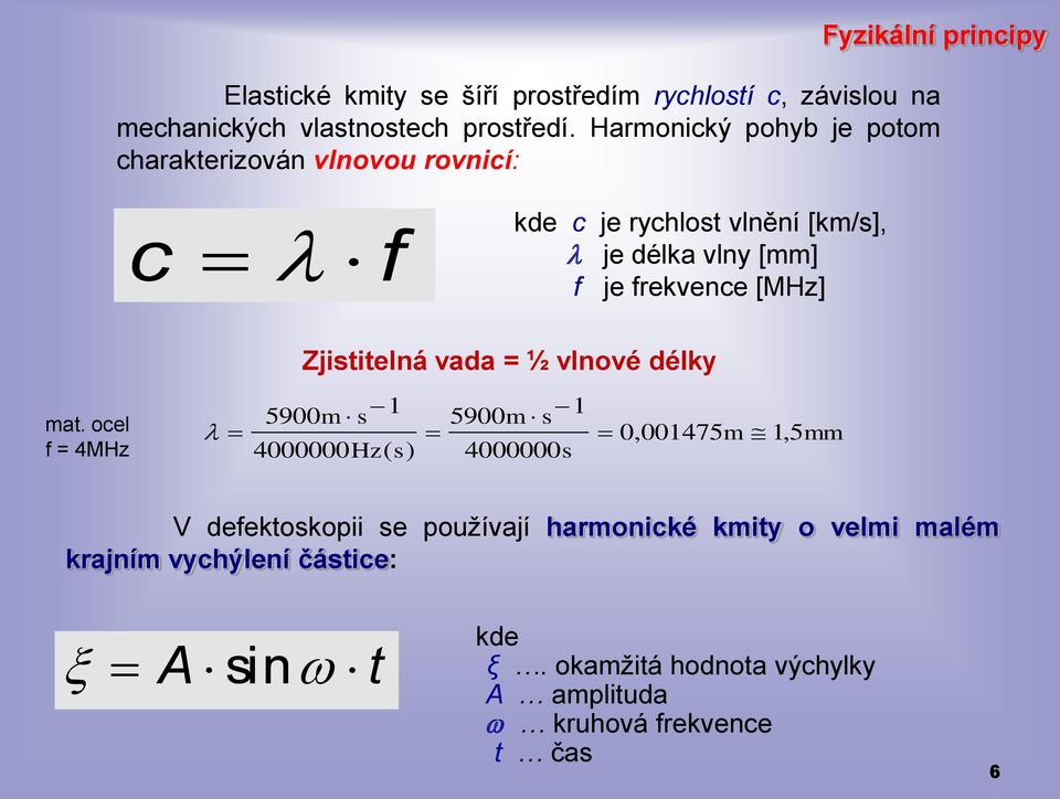 [MHz] Zjistitelná vada = ½ vlnové délky mat.