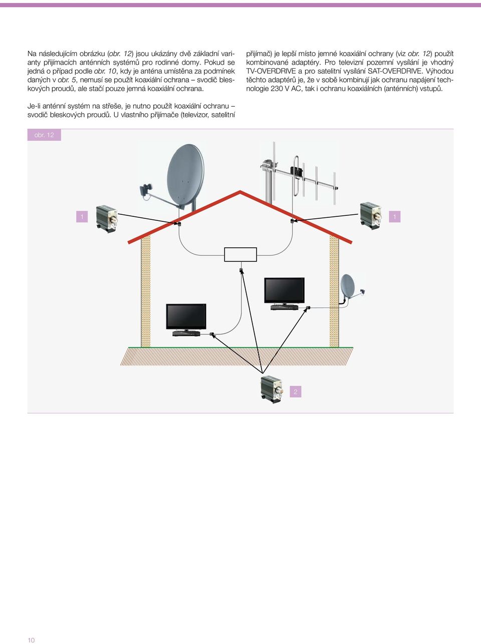 přijímač) je lepší místo jemné koaxiální ochrany (viz obr. 12) použít kombinované adaptéry. Pro televizní pozemní vysílání je vhodný TV-OVERDRIVE a pro satelitní vysílání SAT-OVERDRIVE.