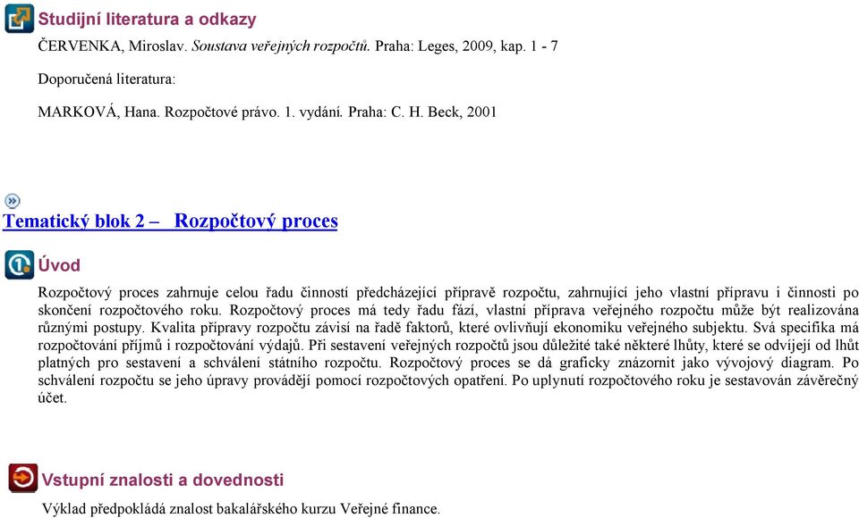 Beck, 2001 Tematický blok 2 Rozpočtový proces Úvod Rozpočtový proces zahrnuje celou řadu činností předcházející přípravě rozpočtu, zahrnující jeho vlastní přípravu i činnosti po skončení rozpočtového