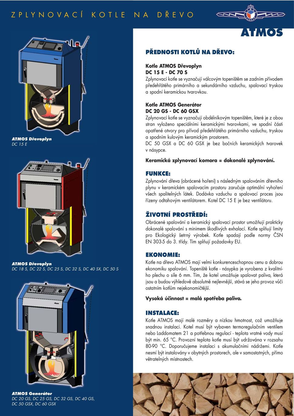 ATMOS Dřevoplyn DC 15 E Kotle ATMOS Generátor DC 20 GS - DC 60 GSX Zplynovací kotle se vyznačují obdélníkovým topeništěm, které je z obou stran vyloženo speciálními keramickými tvarovkami, ve spodní