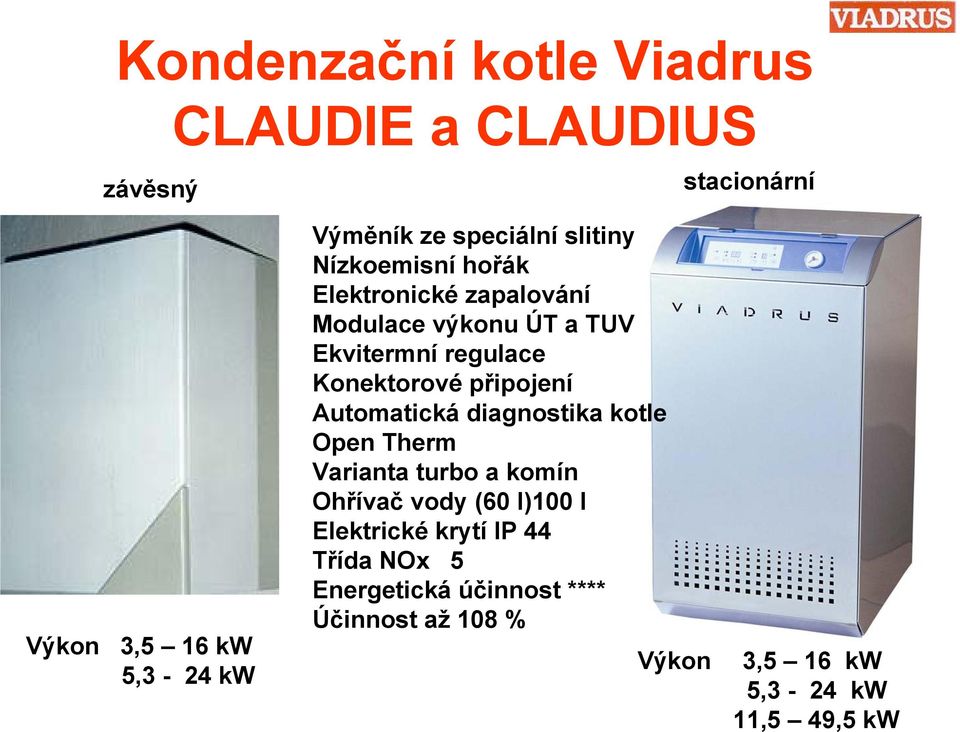 Konektorové připojení Automatická diagnostika kotle Open Therm Varianta turbo a komín Ohřívač vody (60 l)100