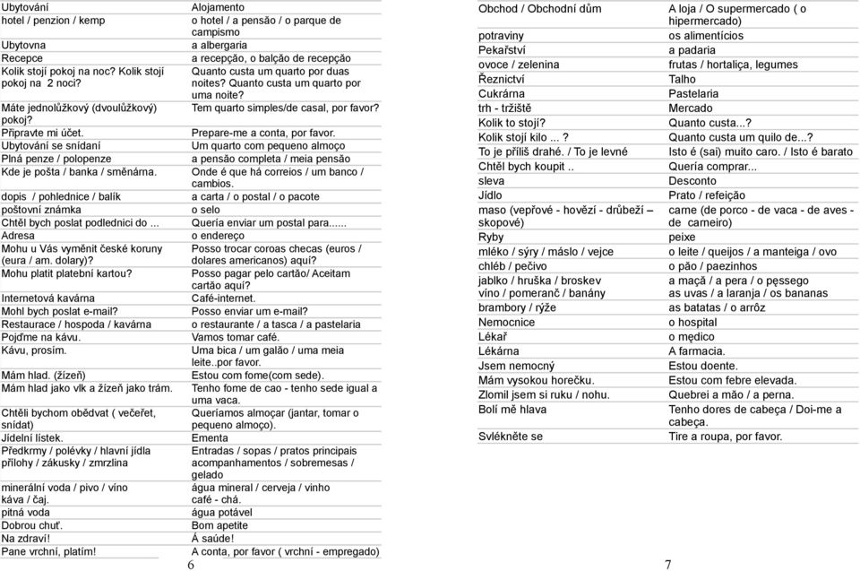 Prepare-me a conta, por favor. Ubytování se snídaní Um quarto com pequeno almoço Plná penze / polopenze a pensăo completa / meia pensăo Kde je pošta / banka / směnárna.