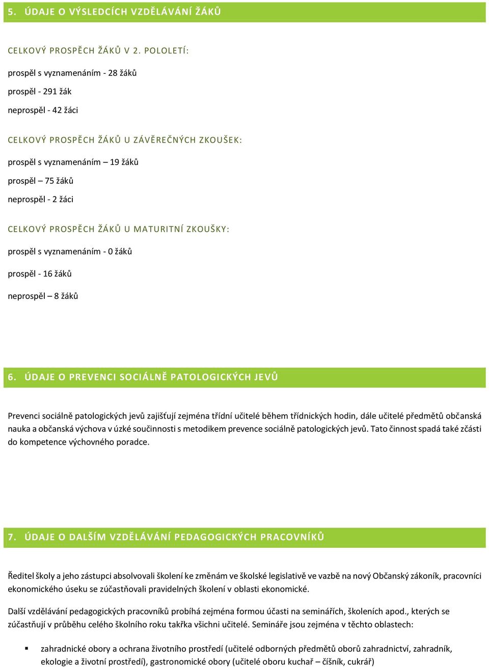 PROSPĚCH ŽÁKŮ U MATURITNÍ ZKOUŠKY: prospěl s vyznamenáním - 0 žáků prospěl - 16 žáků neprospěl 8 žáků 6.