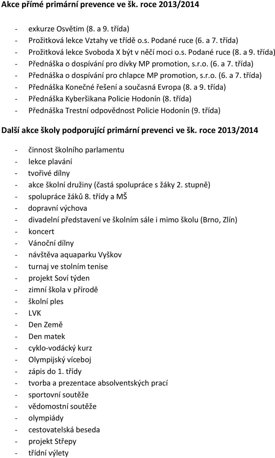 a 9. třída) - Přednáška Kyberšikana Policie Hodonín (8. třída) - Přednáška Trestní odpovědnost Policie Hodonín (9. třída) Další akce školy podporující primární prevenci ve šk.