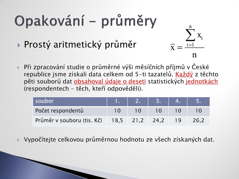 Každý z těchto pěti souborů dat obsahoval údaje o deseti statistických jednotkách (respondentech - těch, kteří