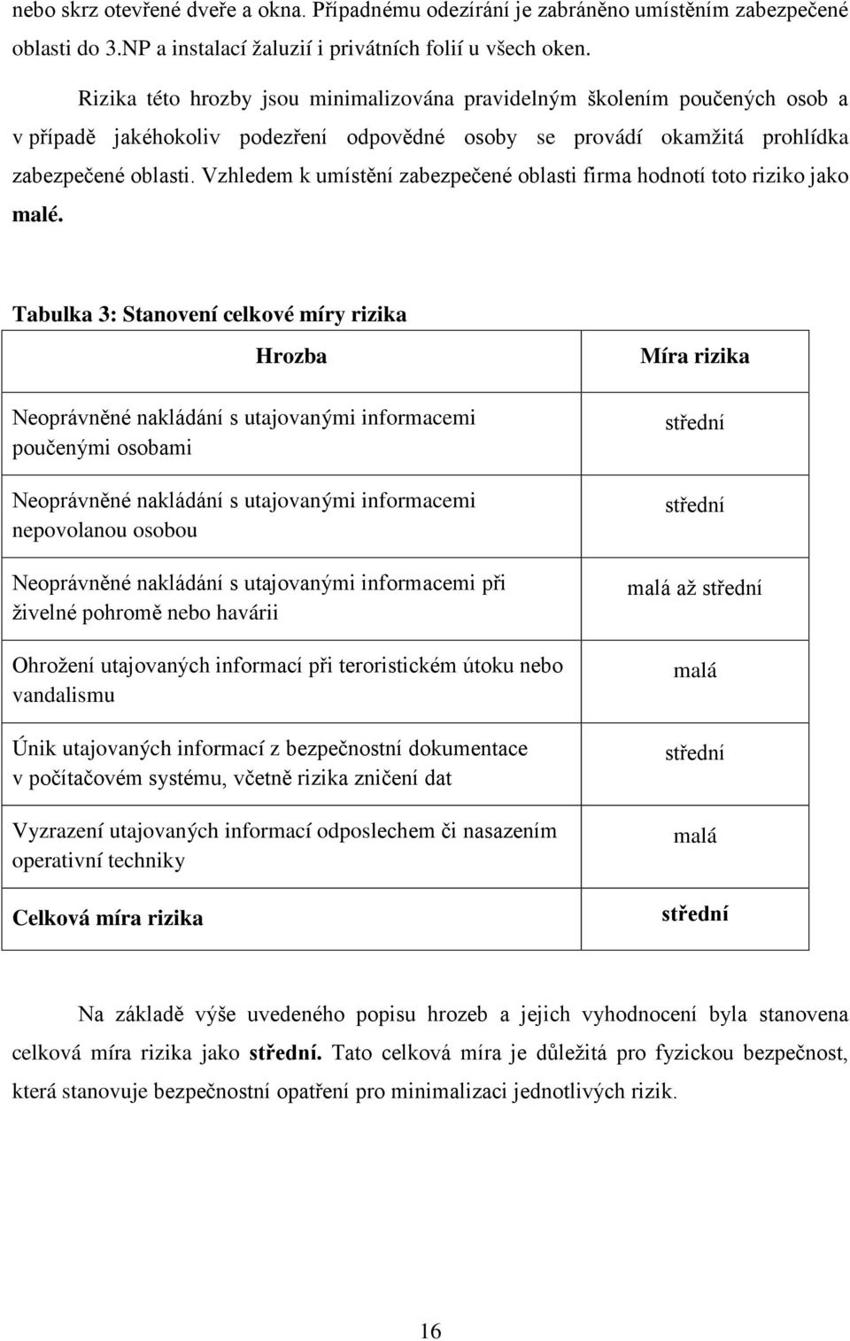 Vzhledem k umístění zabezpečené oblasti firma hodnotí toto riziko jako malé.