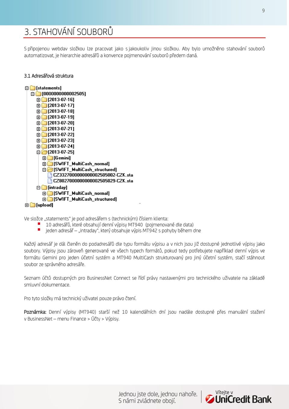 1 Adresářová struktura Ve složce statements je pod adresářem s (technickým) číslem klienta: 10 adresářů, které obsahují denní výpisy MT940 (pojmenované dle data) jeden adresář intraday, který