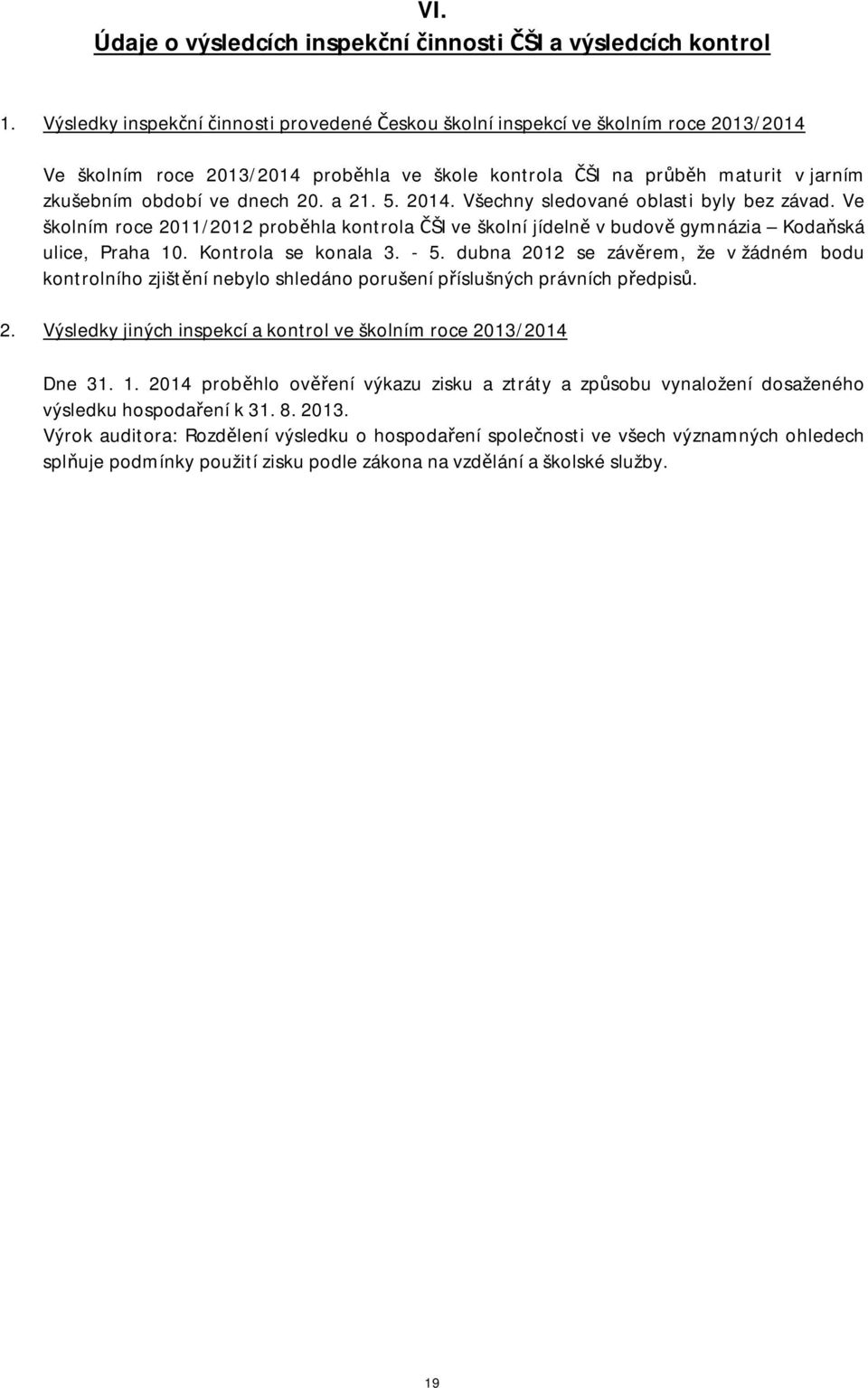 a 21. 5. 214. Všechny sledované oblasti byly bez závad. Ve školním roce 211/212 proběhla kontrola ČŠI ve školní jídelně v budově gymnázia Kodaňská ulice, Praha 1. Kontrola se konala 3. - 5.