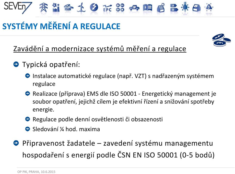 cílem je efektivní řízení a snižování spotřeby energie. Regulace podle denní osvětlenosti či obsazenosti Sledování ¼ hod.