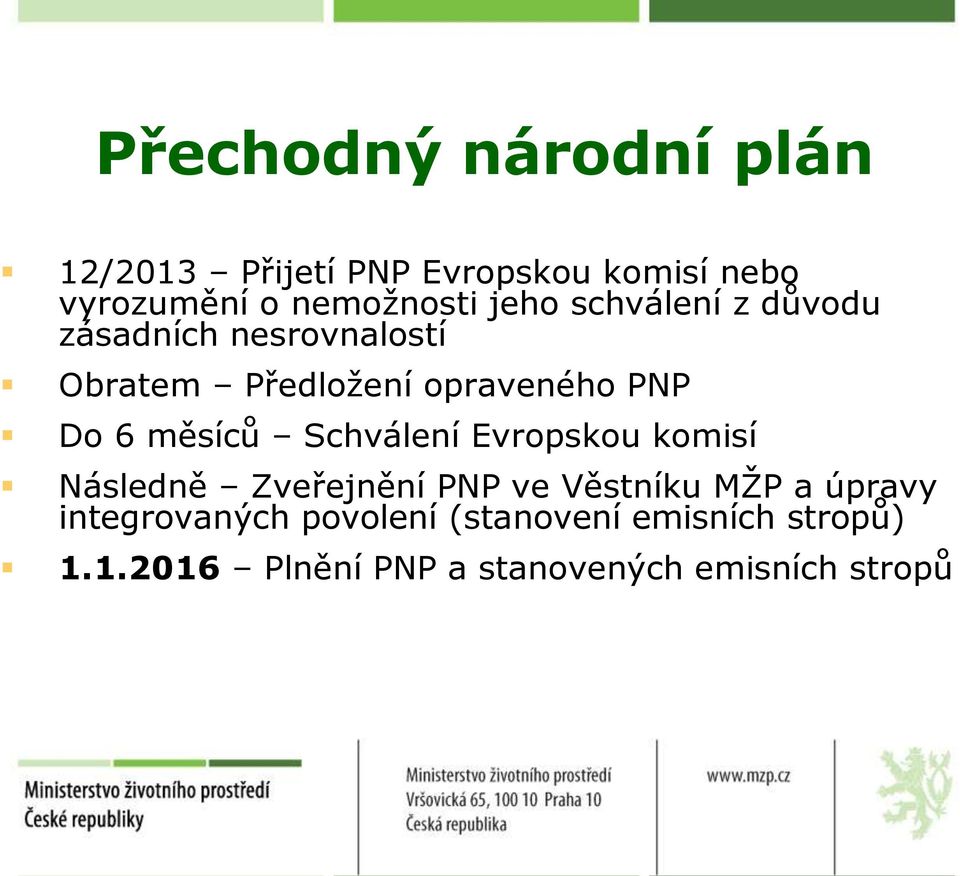 měsíců Schválení Evropskou komisí Následně Zveřejnění PNP ve Věstníku MŽP a úpravy