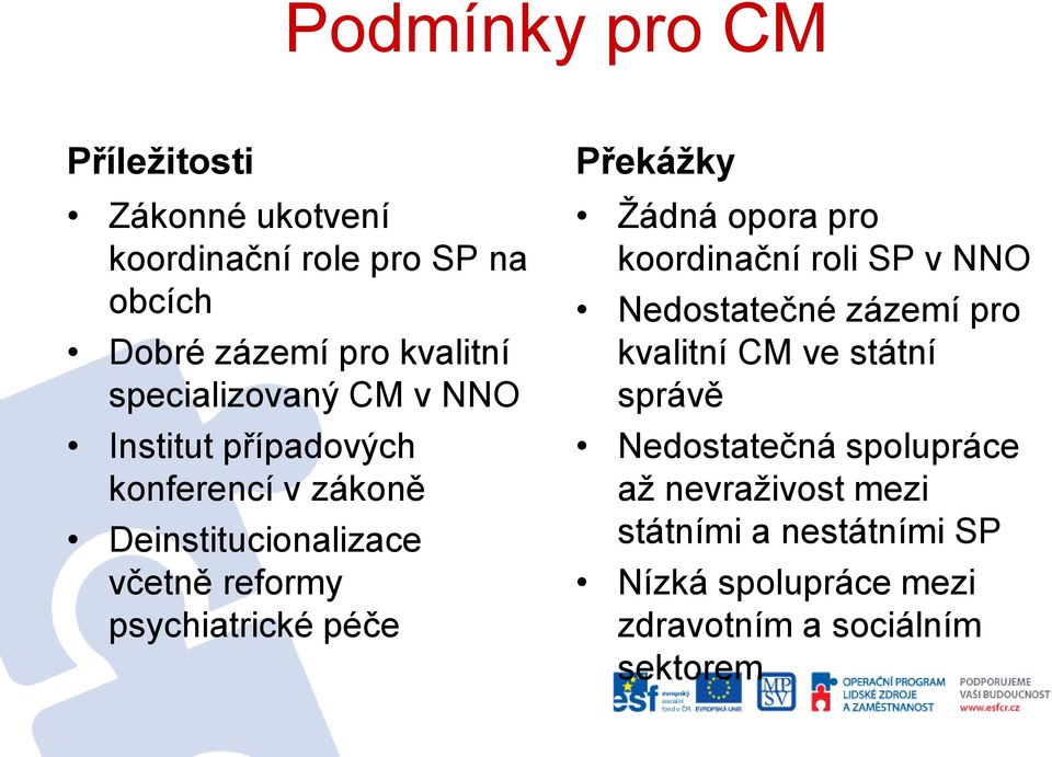 psychiatrické péče Překážky Žádná opora pro koordinační roli SP v NNO Nedostatečné zázemí pro kvalitní CM ve