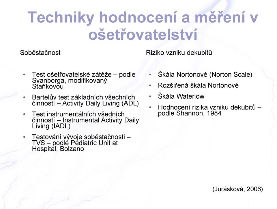 činností Instrumental Activity Daily Living (IADL) Testování vývoje soběstačnosti TVS podle Pediatric Unit at Hospital, Bolzano