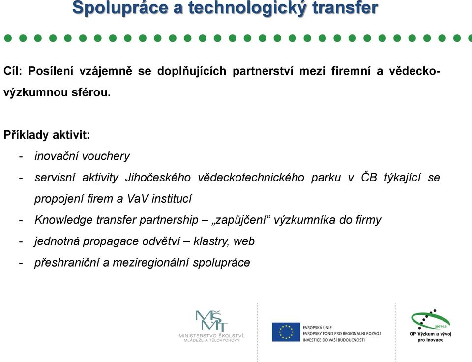 Příklady aktivit: - inovační vouchery - servisní aktivity Jihočeského vědeckotechnického parku v ČB