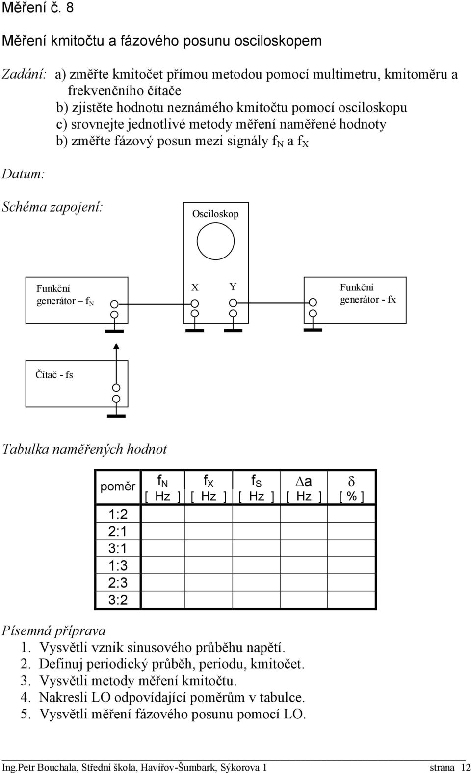 osciloskopu c) srovnejte jednotlivé metody měření naměřené hodnoty b) změřte fázový posun mezi signály f N a f X Osciloskop Funkční generátor f N X Y Funkční generátor - fx Čítač - fs f N