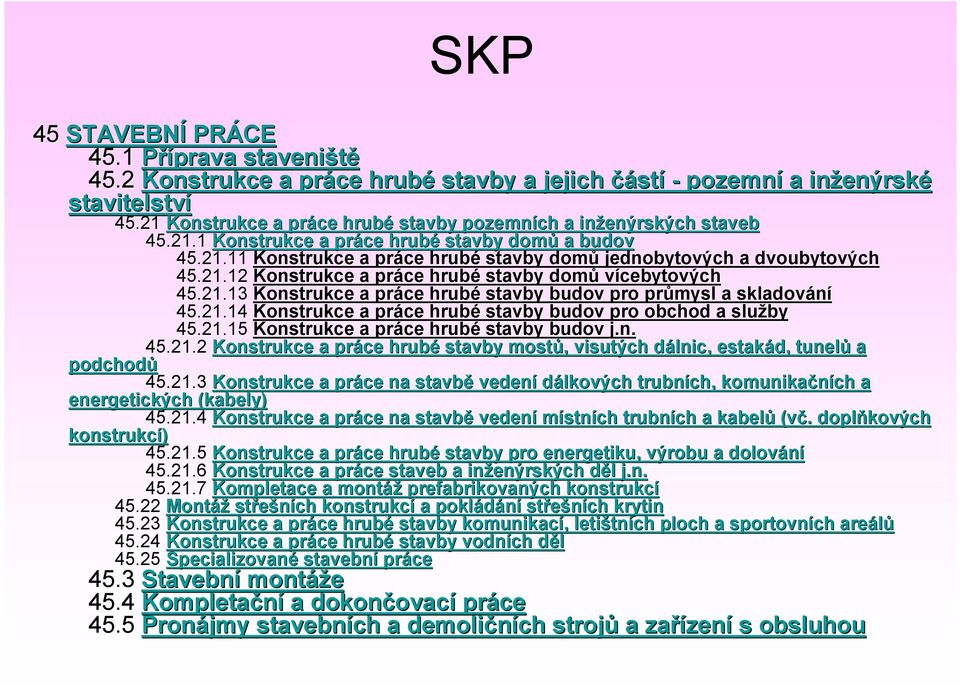 21.12 Konstrukce a práce hrubé stavby domů vícebytových 45.21.13 Konstrukce a práce hrubé stavby budov pro průmysl a skladování 45.21.14 Konstrukce a práce hrubé stavby budov pro obchod a služby 45.