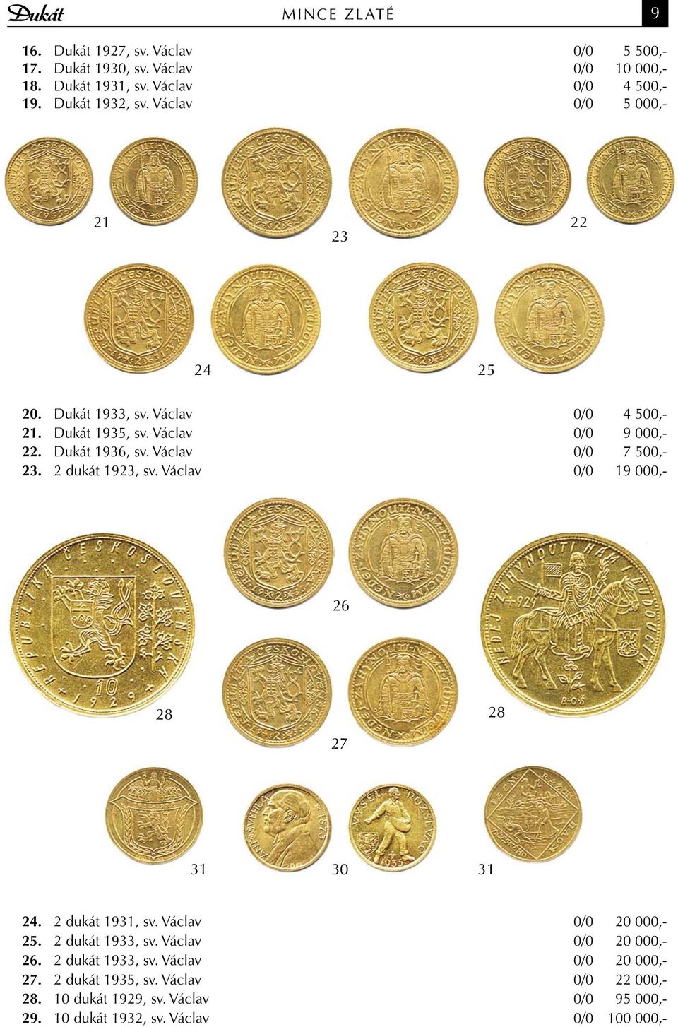 2 dukát 1923, sv. Václav 0/0 19 000,- 26 28 28 27 31 30 31 24. 2 dukát 1931, sv. Václav 0/0 20 000,- 25. 2 dukát 1933, sv. Václav 0/0 20 000,- 26.