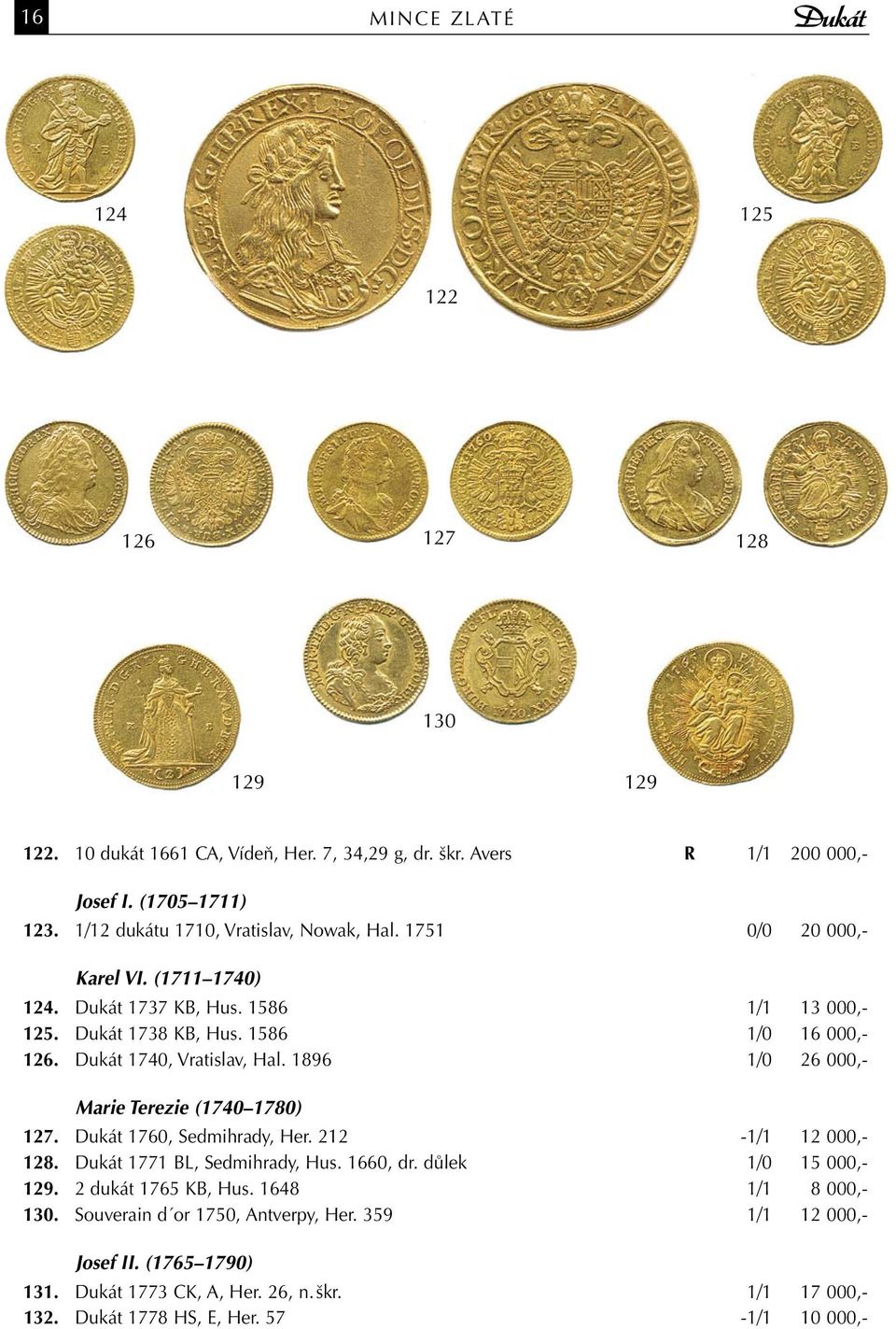 Dukát 1740, Vratislav, Hal. 1896 1/0 26 000,- Marie Terezie (1740 1780) 127. Dukát 1760, Sedmihrady, Her. 212-1/1 12 000,- 128. Dukát 1771 BL, Sedmihrady, Hus. 1660, dr.